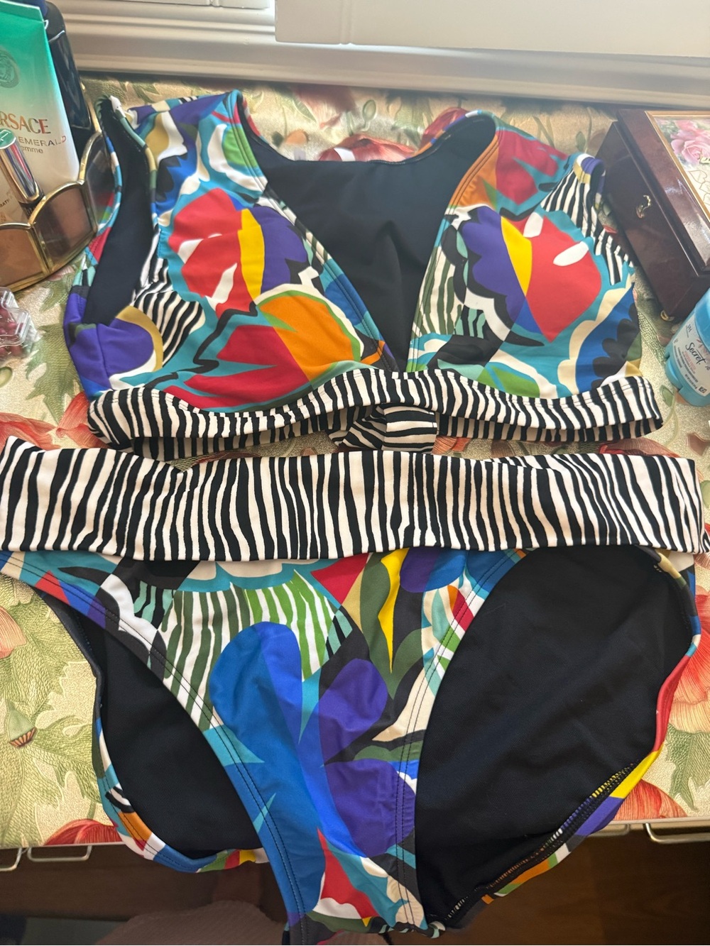 Colorful Abstract Print Bikini Set with Striped Trim